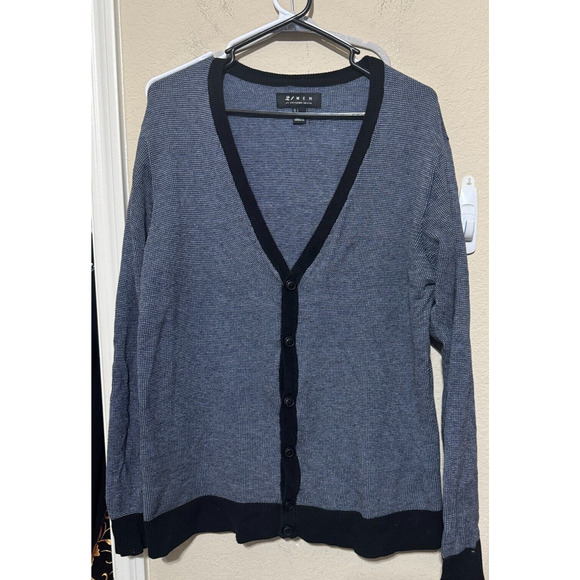 Forever 21 Men Sweater Cardigan Size Large Navy Blue birdseye knit academia - Picture 1 of 6